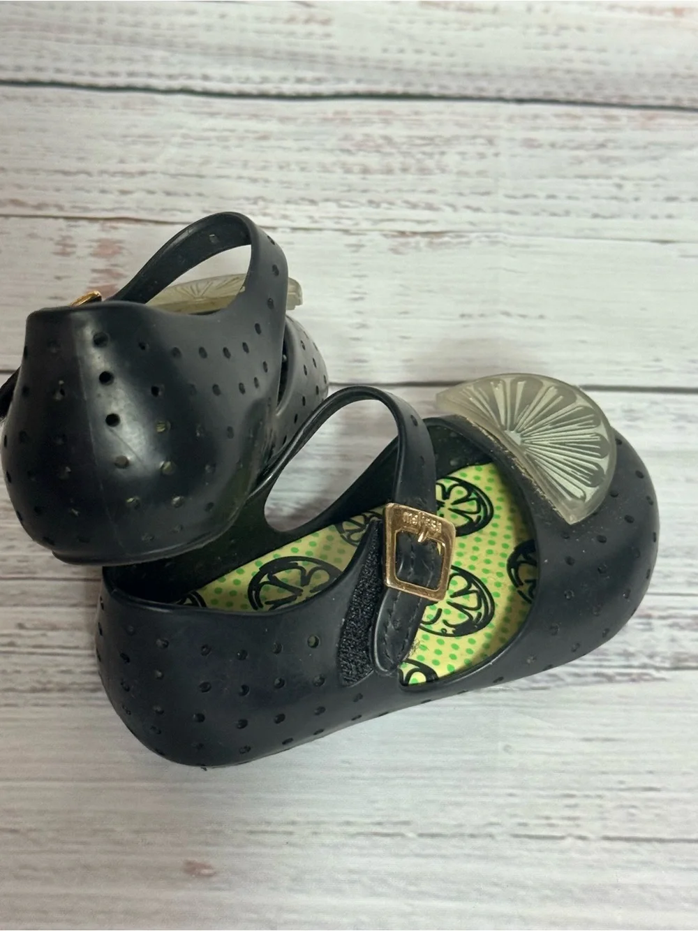 Mini Melissa Black Mary Jane Jelly Shoes with Lime Accent
